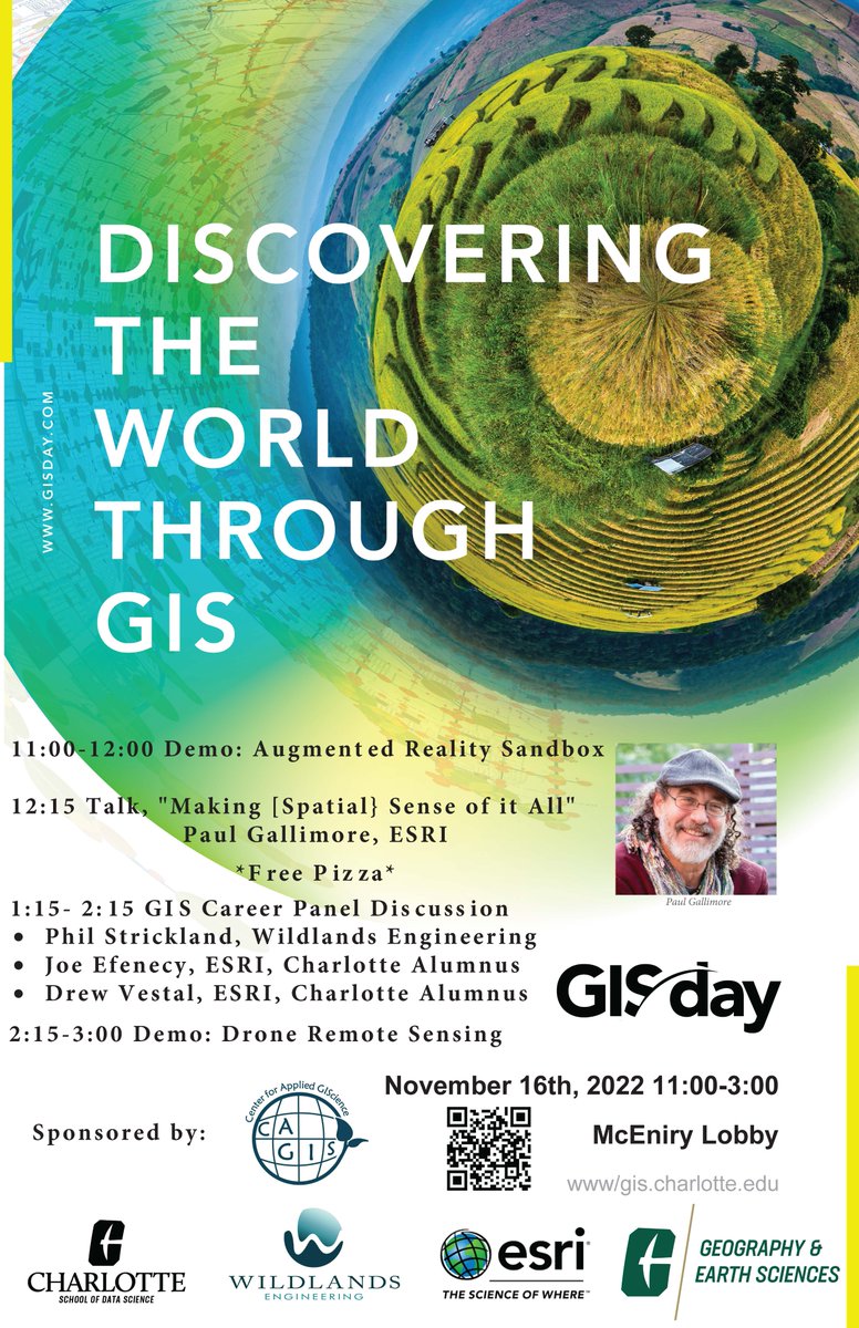 CLTGeoEarth's tweet photo. GIS Day at Charlotte is an opportunity to celebrate one of geography's most visible segments, and showcase both leading "Spatial" thinkers, as well as career opportunities. Come see us in McEniry on Nov 16th. #GISday @Esri @CLTDataScience @cagisuncc @CLT_CLAS https://t.co/JyfrzxGu0p
