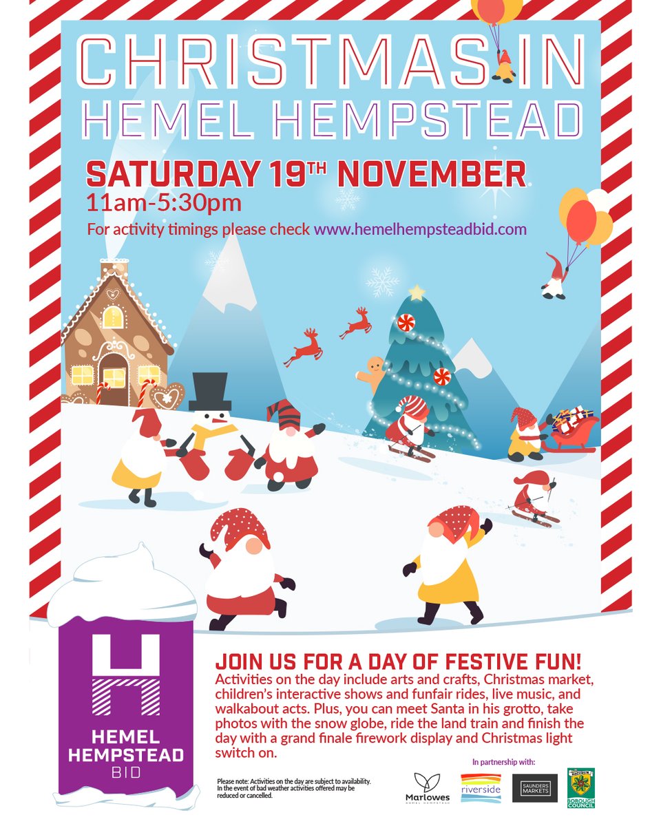Join <a href="/HemelBID/">HemelHempsteadBID</a> for a day of festive fun at the Hemel Town Centre for the Christmas Light Switch on, featuring live family-friendly music, market stalls, children’s entertainment &amp; more before the light switch on &amp; fireworks at 5:30pm!

More details here 👇
hemelhempsteadbid.com/christmas-in-h…