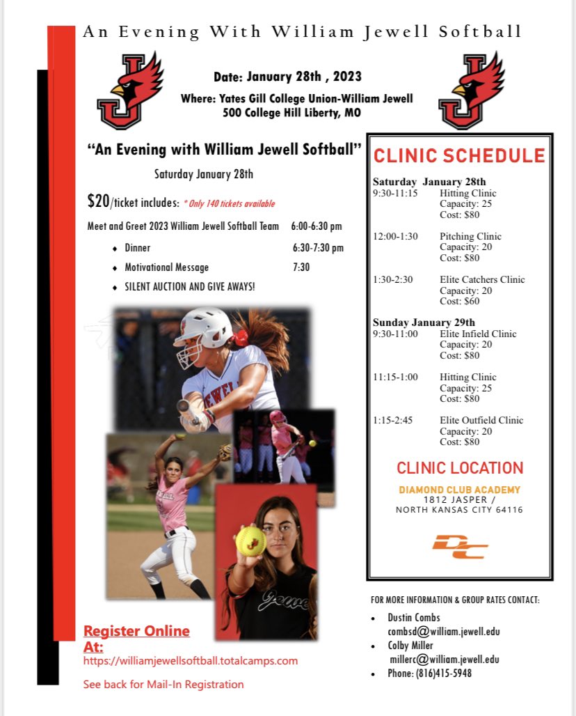 WINTER CLINIC REGISTRATION IS NOW OPEN.  
 January 28th &amp; 29th
williamjewellsoftball.totalcamps.com/shop/EVENT