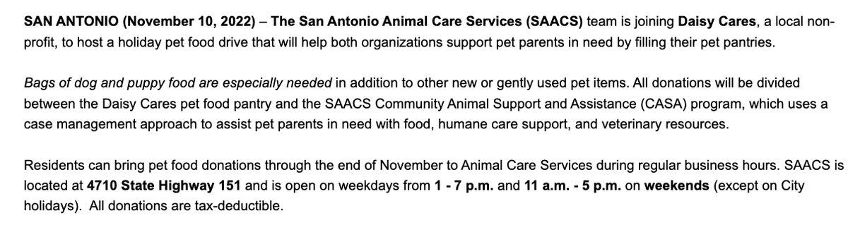satscribe's tweet photo. Press release: San Antonio Animal Care Services joins Daisy Cares to feed hungry pets in San Antonio, seeks pet food donations to help pet owners through holidays https://t.co/HPeCxRc8Rp