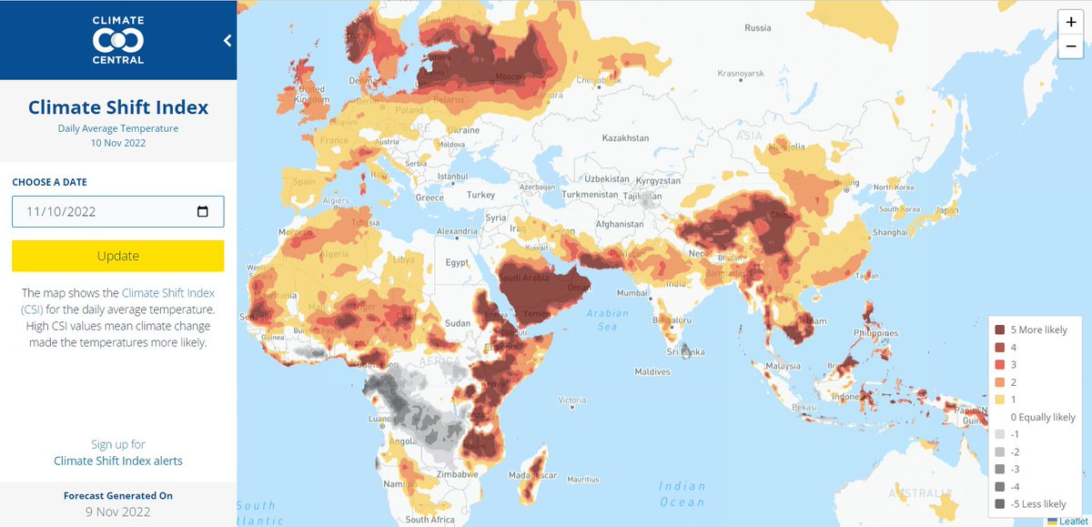 In Africa, the daily #ClimateShiftIndex topped-out at FIVE in 16 cities, exposing 40+ million to temperatures made at least 5x more likely by climate change. In Asia, 15 cities and 24+ million are experiencing climate change in real time. Map here: csi.climatecentral.org/csi-contour-map #COP27