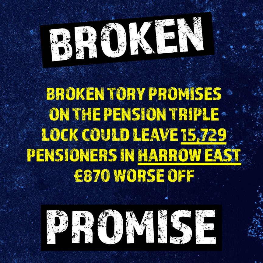 🚨Broken Tory promises on the Pension Triple Lock could leave 15,279 Pensioners in Harrow East £870 worse off. 

The betrayal would impact 12.3million pensioners with a real-terms cut.