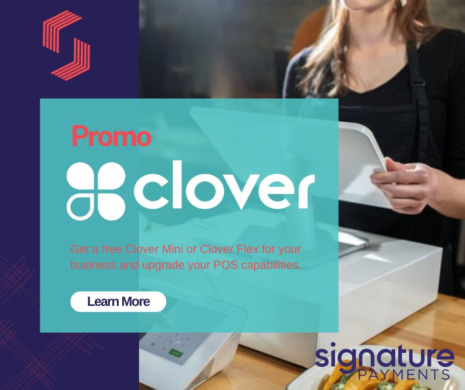 Sig_Payments's tweet photo. A new Clover point-of-sale terminal can streamline your business and keep the checkout process running smoothly. Learn about our new free Clover Mini and Clover Flex terminal options.  https://t.co/8WItpnLsMk

 #pos #pointofsale #clover #cloverpos #free #cloverflex #clovermini https://t.co/JBLUcKQIw7
