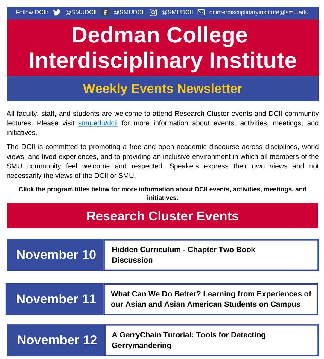 Exciting stuff coming up! Check out the DCII newsletter, out now! 

calendar.smu.edu/site/centersin…

#PonyUp #SMUDCII