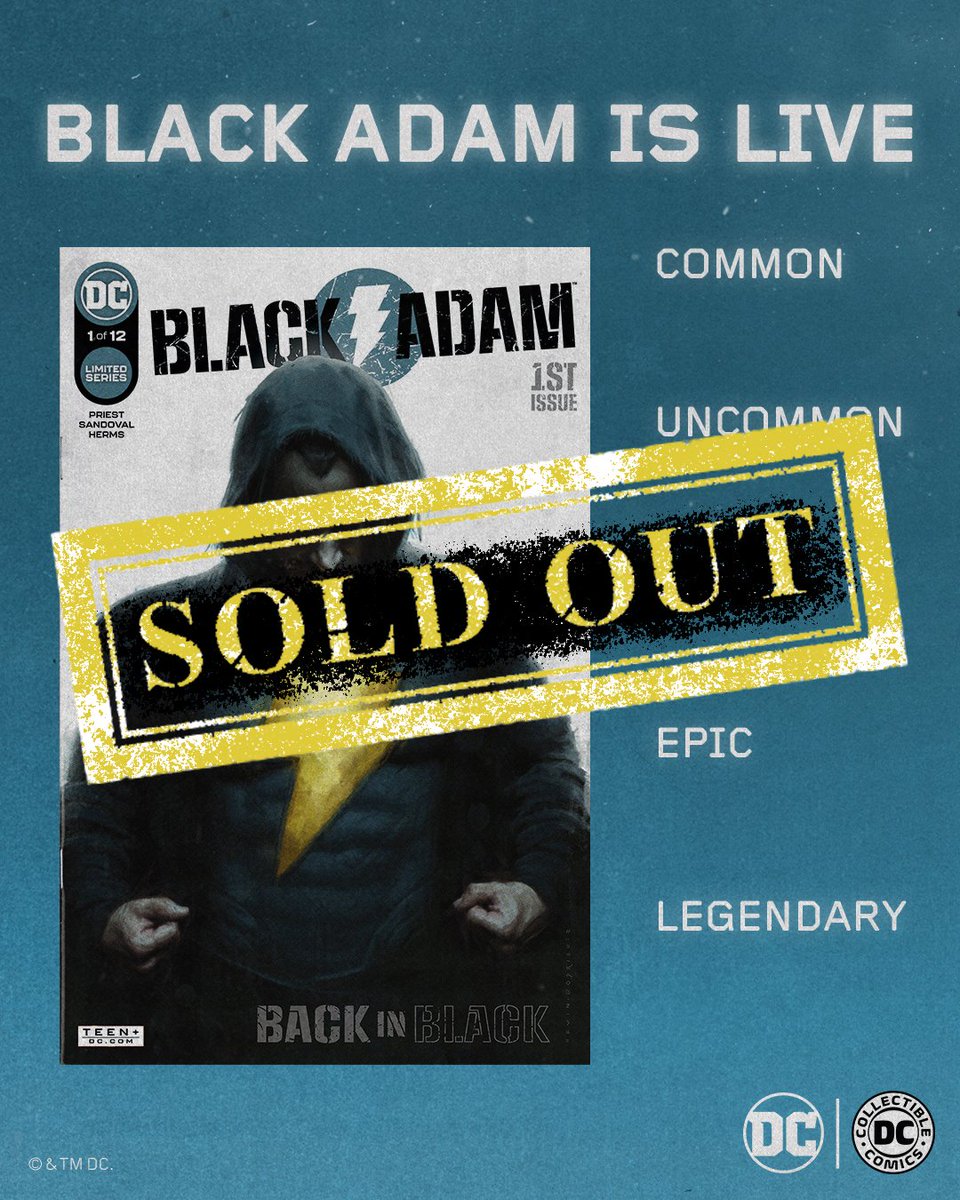 DC3Collectibles's tweet photo. Quicker than you can say SHAZAM, Black Adam #1 is completely sold out! Head to the secondary marketplace if you missed your chance to get a copy. Don't miss the announcement for next week's drop. It's gonna be deadly. https://t.co/PeVUY136mm