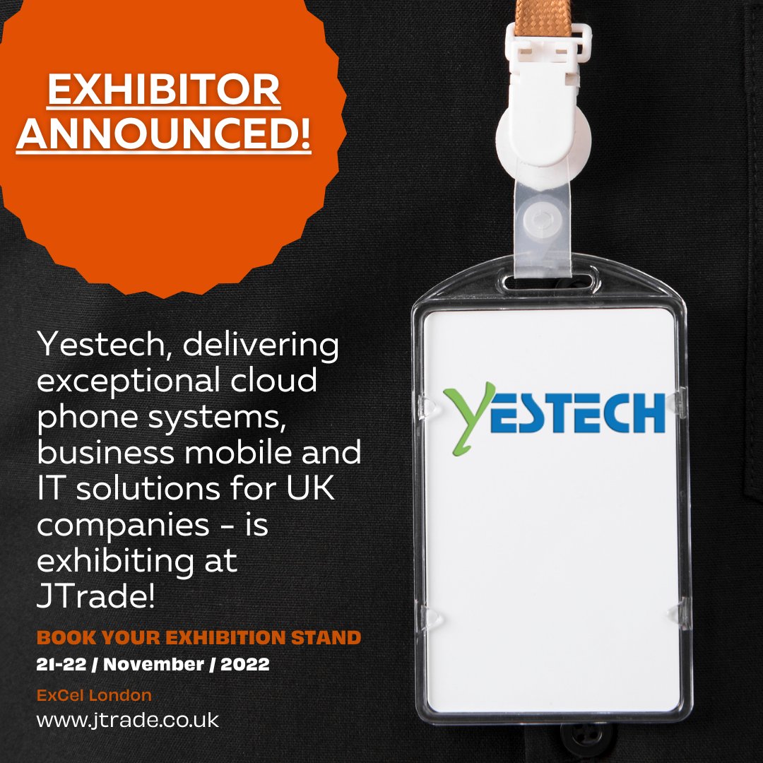 EXHIBITOR ANNOUNCEMENT!
Yestech, delivering exceptional cloud phone systems, business mobile and IT solutions for UK companies - is exhibiting at JTrade!
Visit jtrade.ecreg.uk/reg/general/ho… to book your FREE Visitor tickets.

#JTrade #JTrade22 #Telecoms #Mobile #ITSolutions