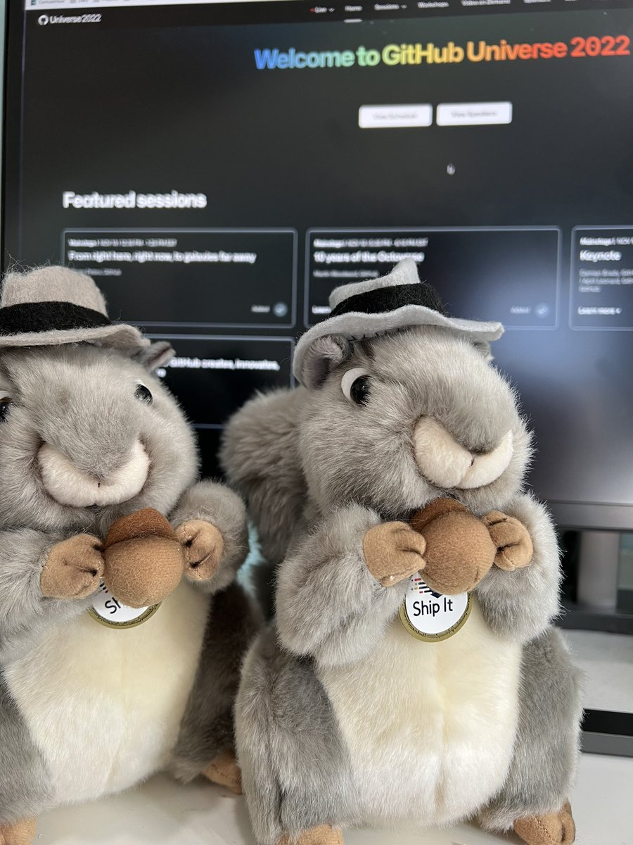 k8remote's tweet image. Ship it squirrels being outfitted with signature hats while watching #GitHubUniverse 2022.