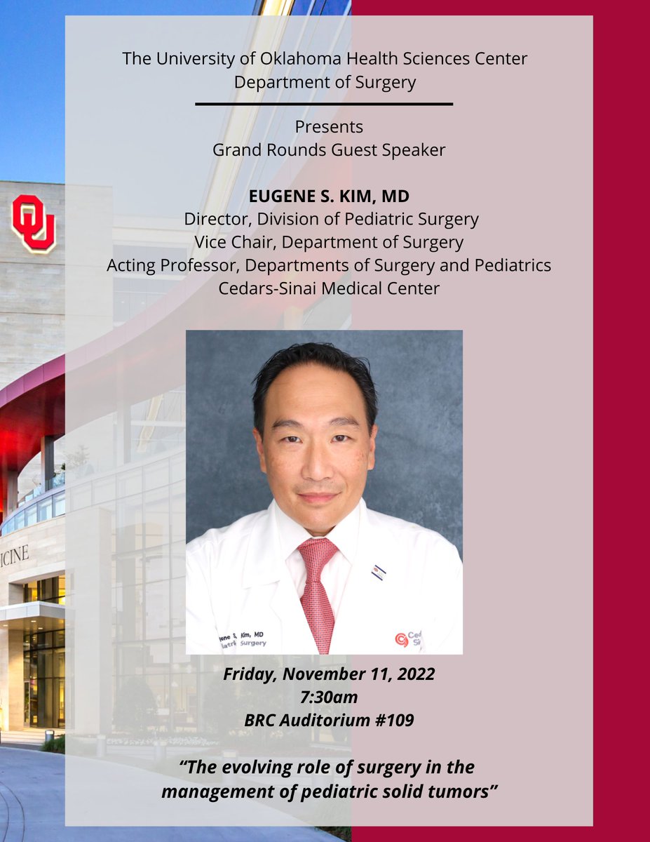 Come join us for Grand Rounds Friday, November 11th with visiting professor Dr. Eugene S. Kim. 

The Evolving Role of Surgery in the Management of Pediatric Solid Tumors

BRC Auditorium 109 - 7:30 AM