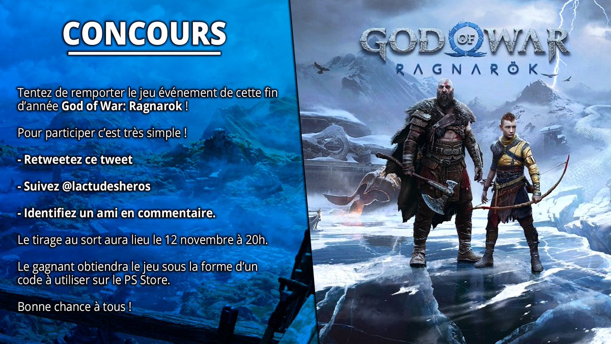 lactudesheros's tweet photo. 🎁 CONCOURS 🎁

Tentez de remporter le jeu événement de cette fin d'année "God of War: Ragnarok" ! 🔥

Pour participer : RT + follow @lactudesheros + identifie un ami en commentaire.

Le tirage au sort aura lieu le 12 novembre à 20h. https://t.co/aXToBeaN3s