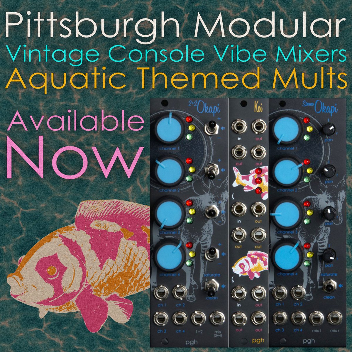 Introducing the Pittsburgh Modular 2+2 Okapi mixer, Stereo Okapi mixer, and Koi Mult #analog #eurorack #synth modules. Vintage mixer vibes and fish themed mults. Available now!

pittsburghmodular.com/store