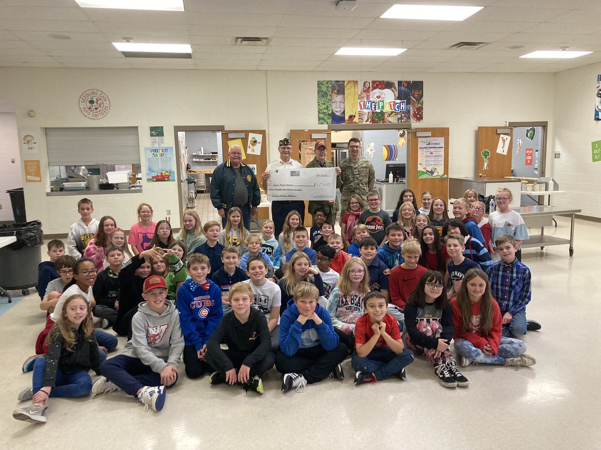_katemorrow_'s tweet photo. At our Veterans Day program, we presented a check of $1,756 for the Byron Veterans Memorial. The BIS Student Council ran “Pennies for Patriots” the last few weeks and we are so proud of how much all of our students raised! Wow! Great job SPEAKING student council officers ! https://t.co/fB8D1YclVm
