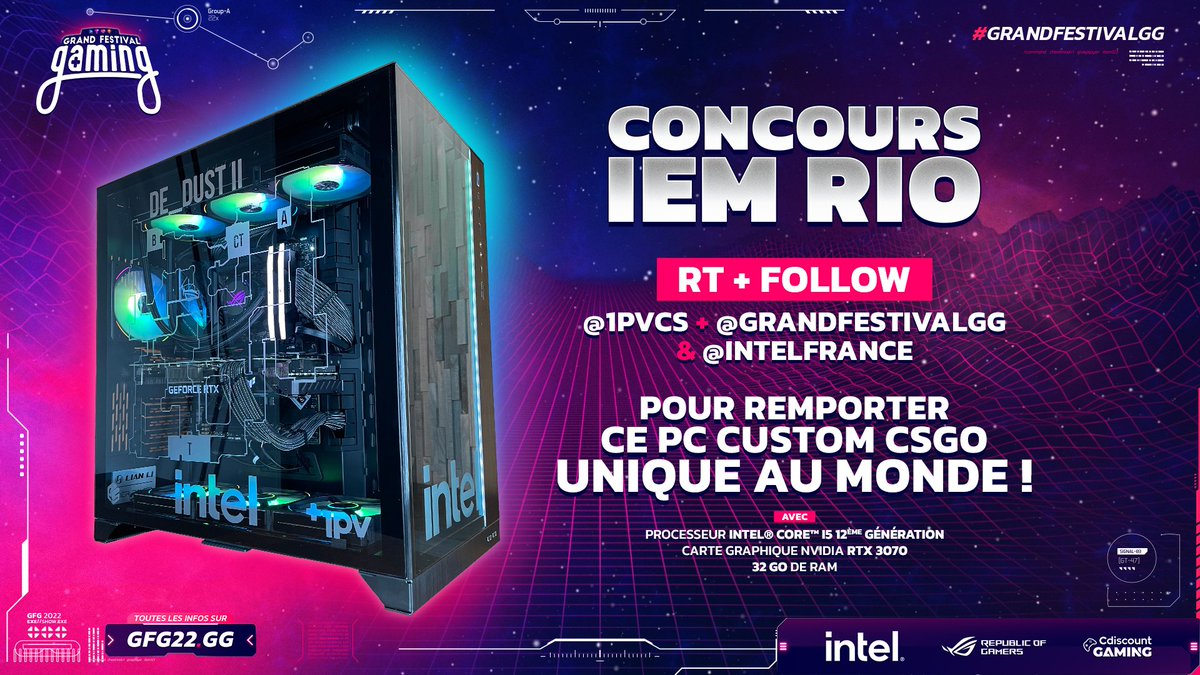 A l'occasion du @GrandFestivalGG et des #IEM 🇧🇷 Rio, on vous permet de remporter avec @IntelFrance un PC Custom #CSGO unique au monde ! Tente ta chance : RT + Follow @1pvcs + @IntelFrance + @GrandFestivalGG T.A.S dimanche 13 novembre après la finale !