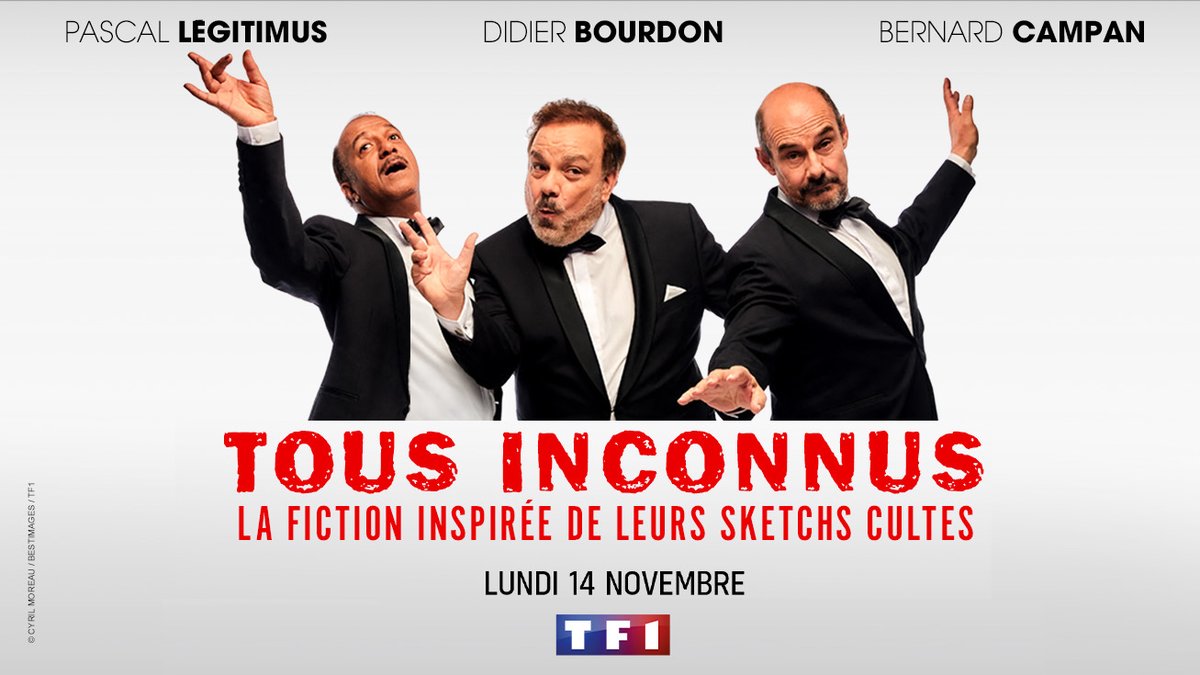 TF1Pro's tweet photo. Sam 12/11 à 17h50 @TF1 @50mininside 

Les Inconnus ! Grand retour du trio d'humoristes - #didierbourdon #bernardcampan #pascallégitimus - le temps d’une soirée exceptionnelle lundi 14/11 sur TF1

Au programme : des rires, forcément ! Et tous leurs sketches cultes... https://t.co/dxau78lvKL