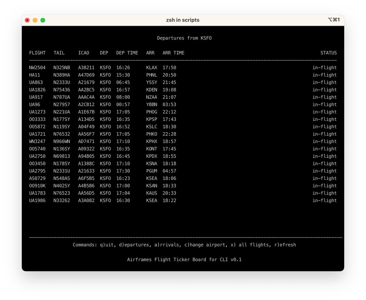 AirframesIO's tweet photo. Happy "Friday" ... a 🫡 to all 🪖 veterans tomorrow.

Something fun in progress... a CLI-based airport ticker board based on feeder data by using the Airframes API. https://t.co/y6ZMUG1TBr