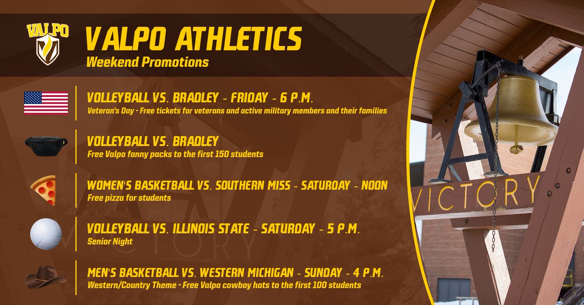 It's going to be a busy weekend at the ARC, with <a href="/VU_VB/">Valpo Volleyball</a>, <a href="/ValpoWBB/">Valpo Women’s Basketball</a> and <a href="/ValpoBasketball/">Valpo Basketball</a> all in action at home - check out what we're planning for the weekend, including a Veteran's Day promotion and giveaways for students!

#GoValpo