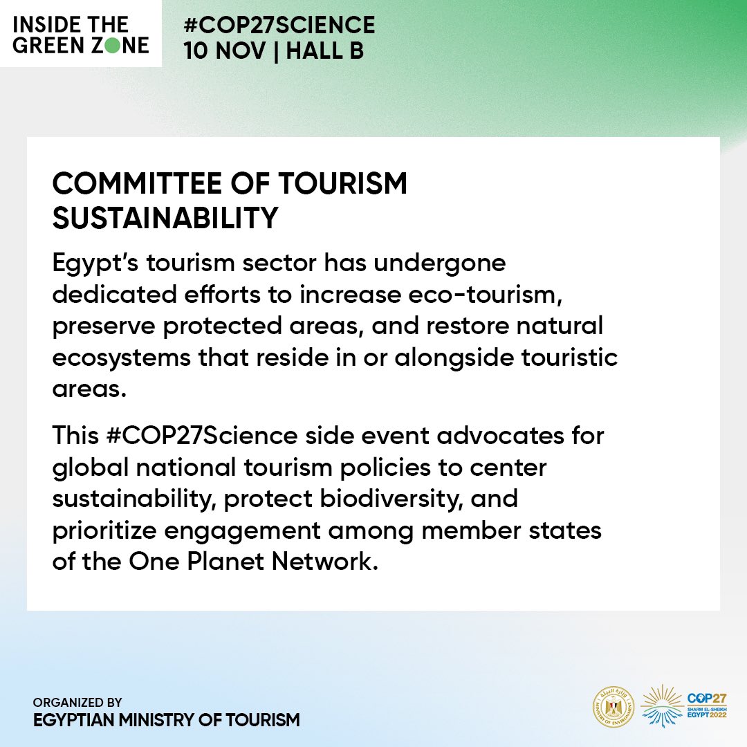 EGY_Environment's tweet photo. ๐ชก 1/5: #COP27 live from the #GreenZone | Hall B| Committee of Tourism Sustainability
#TogetherForImplementation #JustAndAmbitious #COP27Science #ecotourism https://t.co/vMeSjeLjTp