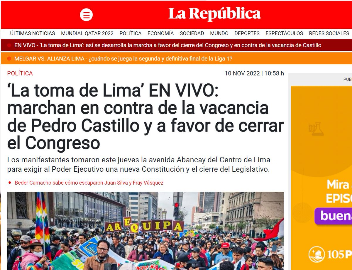 G135Kar's tweet photo. @IzquierdaPe ¿Han visto el titular de la Republica?
No pasaron en vivo la marcha del #5NovPeru , pero si lo de Castillo la " Toma de Lima "
Así es la prensa basura de chicho Mohme. https://t.co/LNvPBzwik6