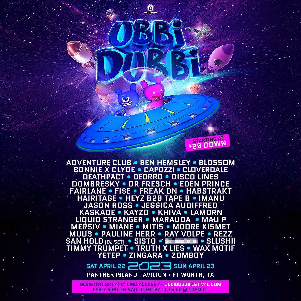UbbidubbiFest's tweet photo. UBBI DUBBI 2023 LINEUP 🚀💜🥳
FT. EXPANDED FESTIVAL SITE &amp; 4TH STAGE! 🔥

Sign up NOW to get one hour exclusive access to early bird tix before public on sale at 10am CT on Tuesday 11/15: https://t.co/aIFEudrxoa

Early bird tickets starting at $26 down. https://t.co/STlTApKXrp