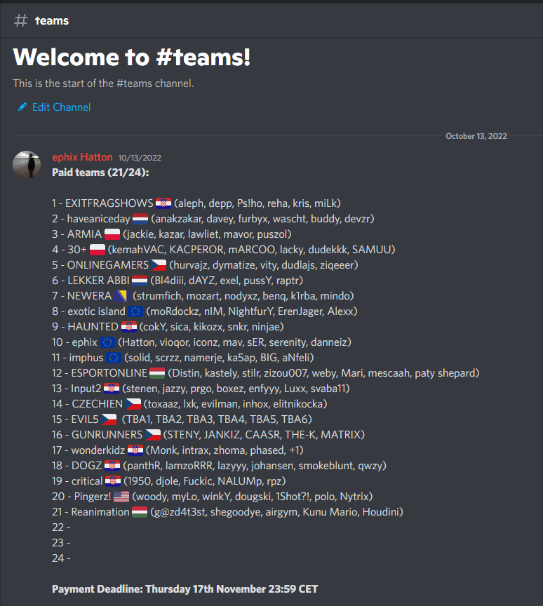 🏆 CoD2 online pay to play cup! 🏆

🔺 Powerhouse CoD2 Challenge Season 05 🔺

📈 21 teams and counting

💰 Entry fee: €50 per team 

📅 Season starts 20th November 2022 

🚨 Payment deadline: 17th November 23:59 CET

DON'T MISS OUT!! Join our discord channel for full info 👇