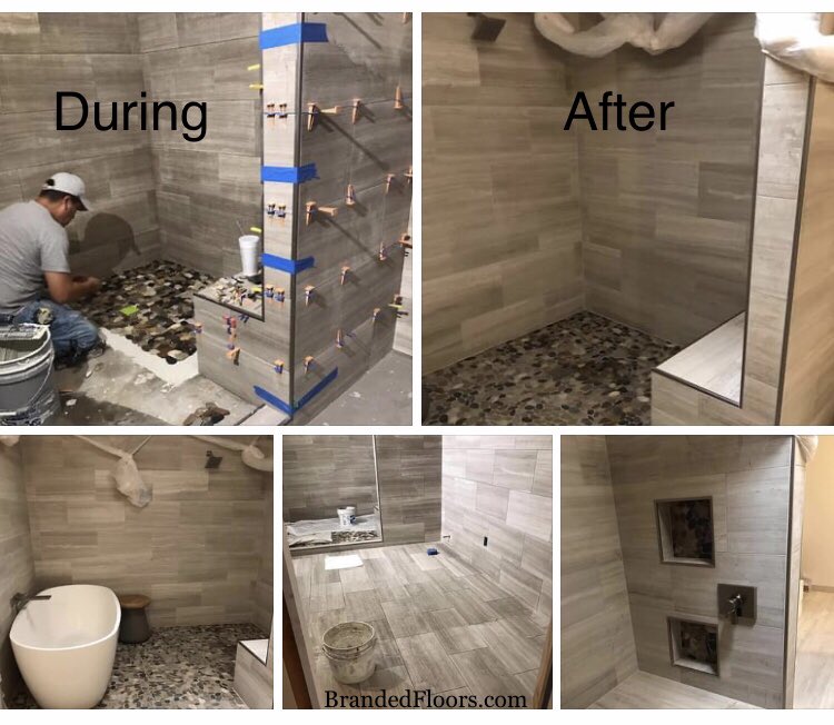 Bathroom Remodel. Took big garden tub out… created larger shower with bench, double niches, rubbed bronze fixtures. Free standing oval vessel tub inside the large shower, schluter metal finished edges. BrandedFloors.com
#shower #bath #showerdesign #showerremodel #bathroom