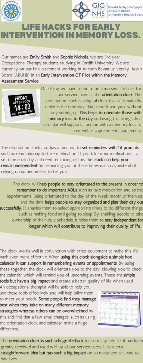 As a student team in the ABUHB Early Intervention OT Pilot Service, we would like to share our #LifeHack for so many of our patients, which is the orientation clock. #OTWeek22 @theRCOT