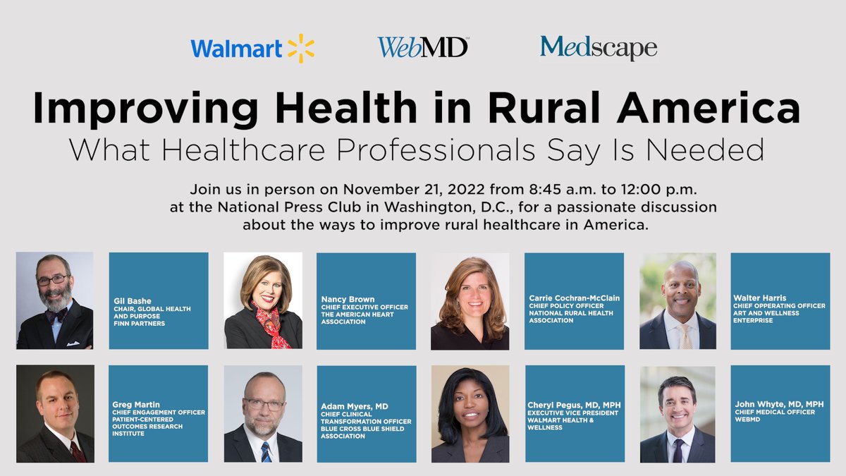 It's urgent we improve people's health in #rural America!  

@walmart &amp; @webmd unite national leaders to explore how we improve #ruralhealth. Join the conversation on Nov. 21st, Washington, DC! <a href="/CPegusMD/">Cheryl Pegus, MD, MPH</a> <a href="/drjohnwhyte/">Dr. John Whyte</a> 

#healthequity #publichealth

RSVP: eventbrite.com/e/improving-he…