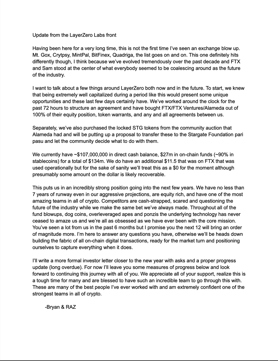 Memo we just sent out to @LayerZero_Labs investors