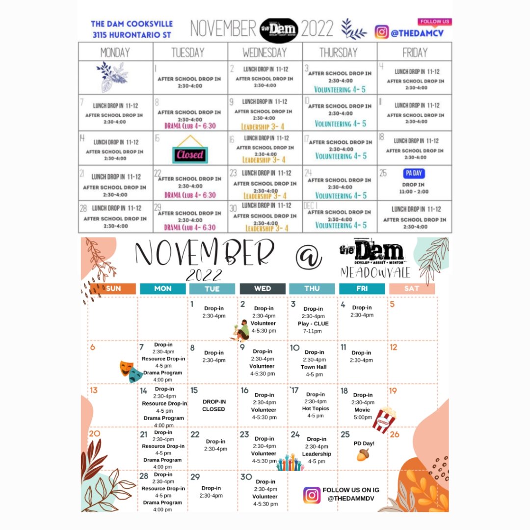 theDamdropin's tweet photo. If you haven't shared our Cooksville and Meadowvale programming details for November yet, do it now! Tag a friend in the comments and retweet this post. You never know who might be interested in joining a program! https://t.co/Ve3VMzBmI9