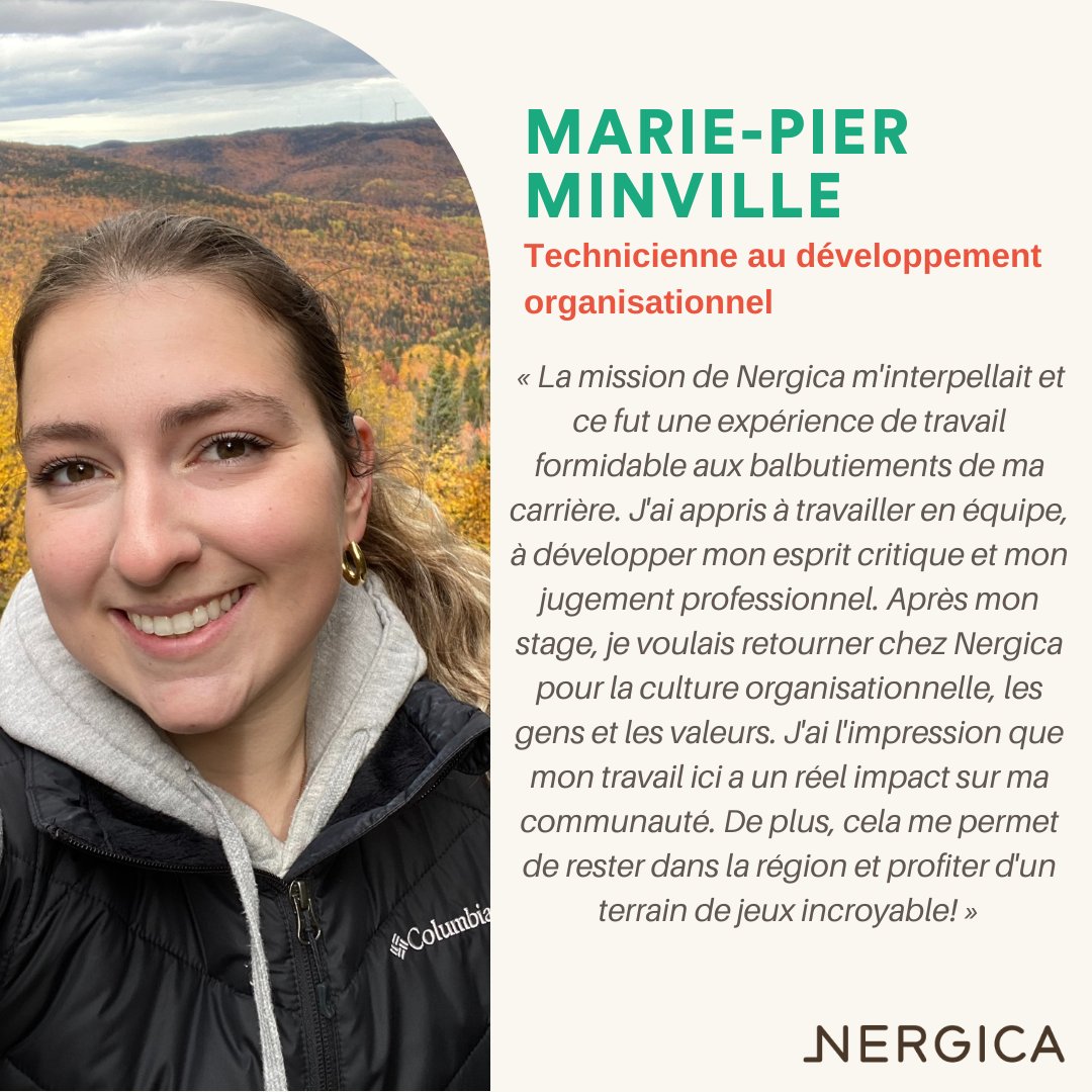 𝟏𝟎 𝐧𝐨𝐯𝐞𝐦𝐛𝐫𝐞 - 𝐉𝐨𝐮𝐫𝐧𝐞́𝐞 𝐢𝐧𝐭𝐞𝐫𝐧𝐚𝐭𝐢𝐨𝐧𝐚𝐥𝐞 𝐝𝐞𝐬 𝐬𝐭𝐚𝐠𝐢𝐚𝐢𝐫𝐞𝐬
Depuis sa création, Nergica a accueilli plus d'une centaine de stagiaires. 
Voici le témoignage de Marie-Pier Minville, technicienne au développement organisationnel.