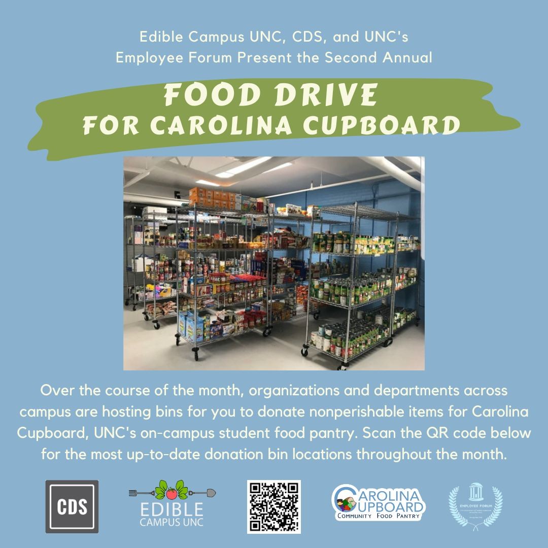 Donate items in Davis! The Carolina Cupboard is the on-campus food pantry that provides food to students at no cost. A collection box is located at the entrance of Davis Library.