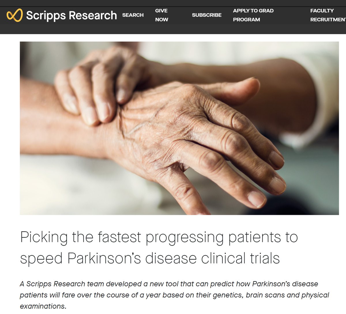 An #AI algorithm predicting which #Parkinsons patients will worsen fastest might help speed clinical trials. The approach, developed by <a href="/ATorkamani/">Ali Torkamani</a> of <a href="/scrippsresearch/">Scripps Research</a> and colleagues at <a href="/TakedaPharma/">Takeda</a>, was described in <a href="/Nature_NPJ/">npj Journals</a> Parkinson's. bit.ly/3WTuYeM