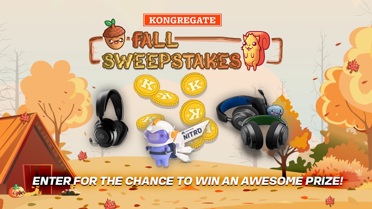 kongregate's tweet photo. 🍂🎁 Kongregate’s Fall Sweepstakes 🎁🍂

Join/follow our communities for the chance to win a giveaway prize! 

🎧 SteelSeries Headset
💸 Visa Gift Card
🗨️ Discord Nitro
🕹️ Kreds

https://t.co/NVy1w3YQGW

Ends November 20th. Limited to participants in the US. https://t.co/qe5BPxVlVJ