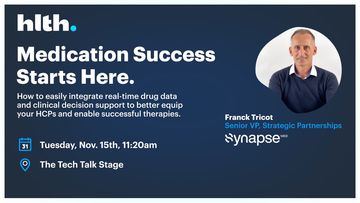 📣Excited to share that <a href="/Franck_Tricot/">Franck Tricot</a>, VP Strategic Partnerships <a href="/SynapseMed/">Synapse Medicine</a> is speaking <a href="/HLTHEVENT/">HLTH</a> on #medicationsuccess &amp; #prescriptionassistance. Tuesday, November 15th at 11:20am @ the Tech Talk Stage. #digitalhealth #HLTH2022 #clinicaldecisionsupport #drugdata #medsafety