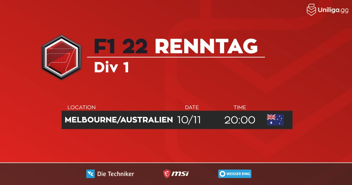 #simracing 🏁 #F122

Nach dem Rookie-Sieg letzte Woche geht es heute nach Down Under! 

⏰ 20 Uhr
📺 twitch.tv/uniliga
🇦🇺 Melbourne
🎙️ <a href="/K3ksaeaeaeae/">Sebastian Brandenburg</a> &amp; <a href="/ScortoCast/">Scorto</a>