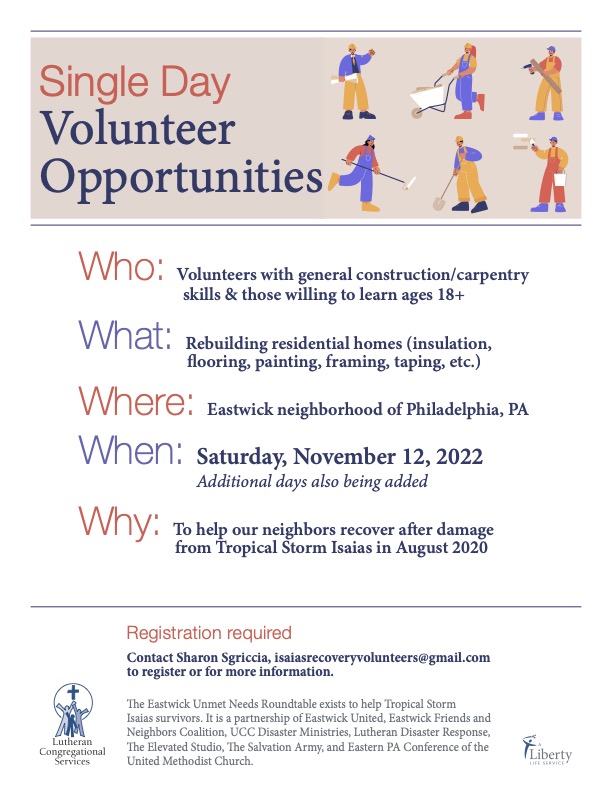 On Saturday, Nov. 12, you can volunteer to help families who still need home repairs after Tropical Storm Isaias brought devastating flooding to the Eastwick neighborhood of Philadelphia in August 2020.  

Contact: isaiasrecoveryvolunteers@gmail.com