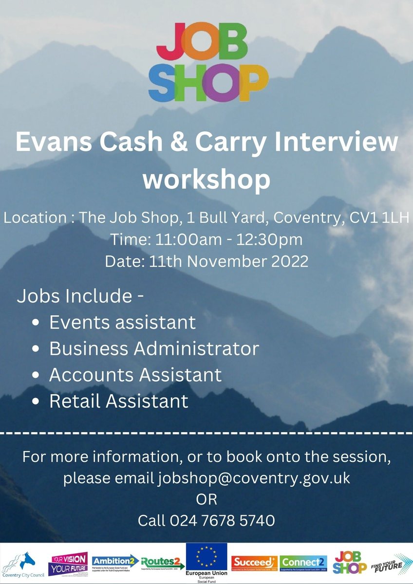 covjobsupport's tweet image. #InterviewWorkshop
Come down to the Job Shop tomorrow at 11am to cover job-specific interview questions, CV prep and much more!
Jobs include:
Events assistant
Business Administrator
Accounts Assistant
Retail Assistant
#JobShop #CoventryCityCouncil #Workshop #Interviews
