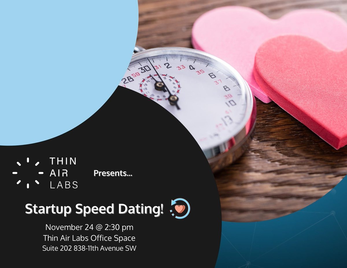 thinair_labs's tweet photo. TWO WEEKS TODAY

Building a startup? Feeling stuck? Go on a 'speed date' with members of our Startup Services team who can help! 

It's #Startup Speed Dating! 
Our second event for #InnovationWeekYYC

🎟️🎟️🎟️
https://t.co/4okAzKEPnP

It's gonna be fun! 
#venture #building #support https://t.co/oq2JnIHZhV
