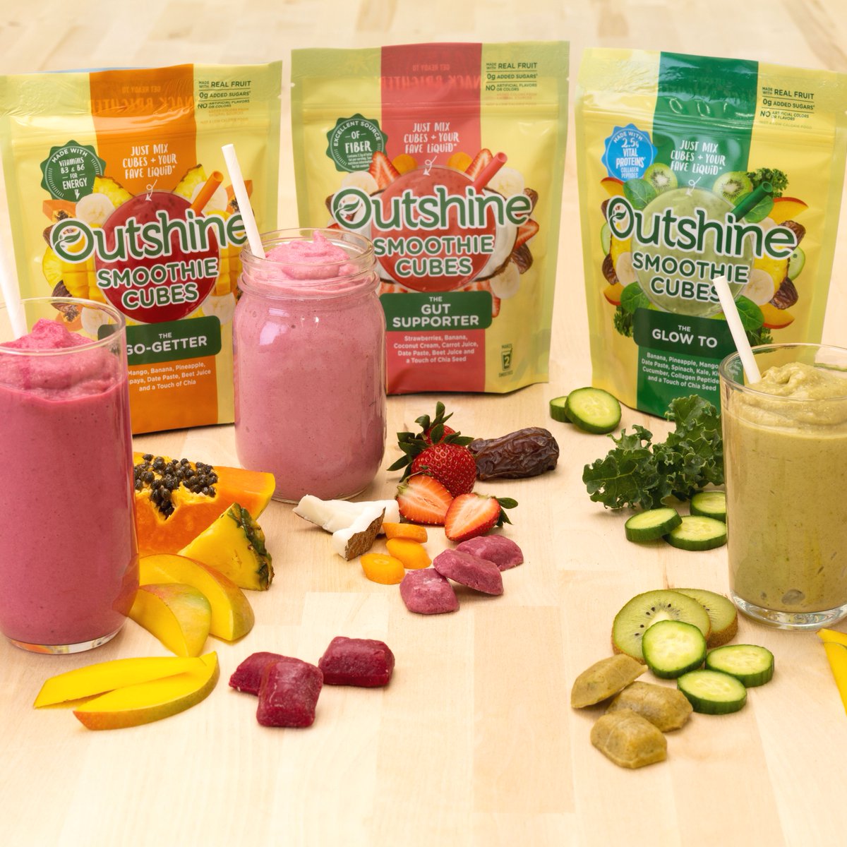 New product alert: Outshine Smoothie Cubes, a frozen smoothie cube blended or mixed with liquid to create a delicious smoothie at home!

Try one of the three refreshingly delicious flavors: The Gut Supporter, The Go Getter &amp; The Glow To (Made w/ <a href="/vitalproteins/">Vital Proteins</a> Collagen Peptides).
