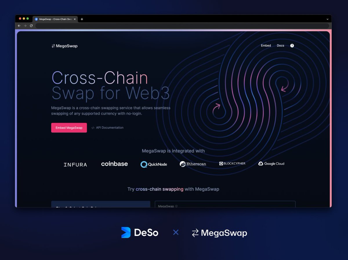 desoprotocol's tweet photo. The shipping is about to continue!

With MegaSwap, DeSo will be the most user-friendly blockchain in the world.

🔵Easy onboarding to DeSo
🔵Frictionless cross-chain swaps
🔵Embeddable with one line of code
🔵Full $USDC cash-out support
🔵No login required

All coming next week. https://t.co/k3qje3cdei