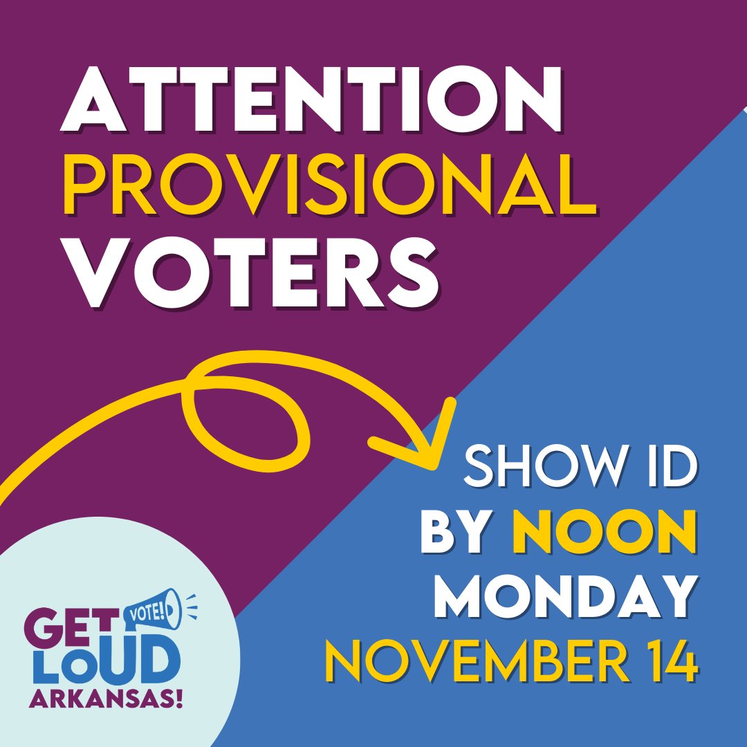 AR voters: If you did not have ID at the polls or did not include with absentee ballot, your vote may not be counted. Take your ID to your county clerk's office by no later than NOON, Monday, Nov 14 to have your ballot counted. Your vote matters. Make sure it's counted!
