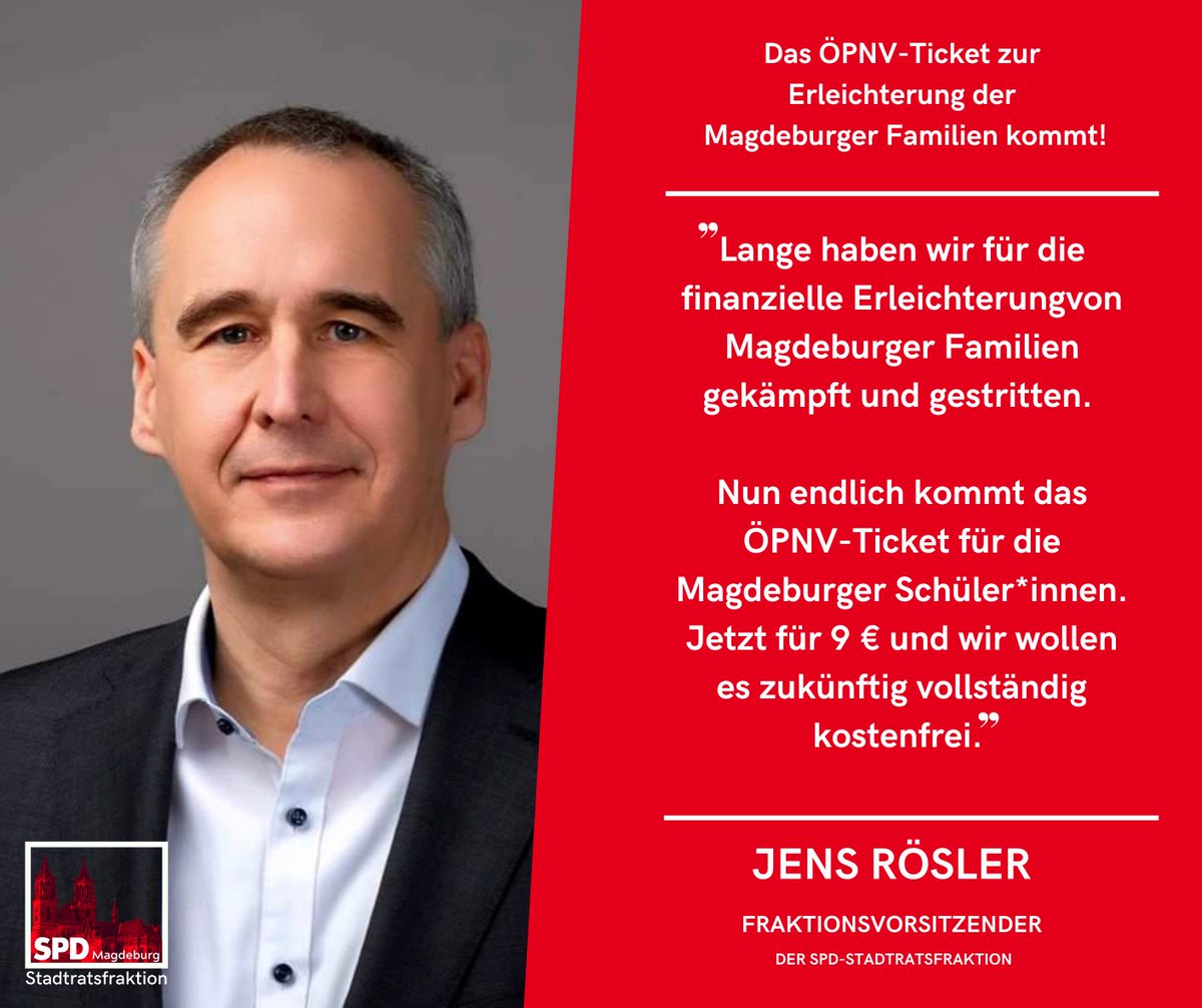 2018 hatten wir den ersten Aufschlag für das #Ticket gemacht und heute haben wir einen wichtigen Schritt in Richtung #kostenfreien ÖPNV getan! 

Es wird eine große Entlastung für die Familien #Magdeburgs sein. 
Unser Ziel bliebt ein kostenfreier #ÖPNV für alle.

🌹🚎🚈 #srmd