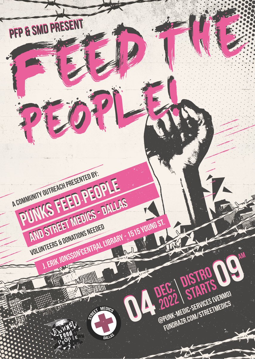 Dallas, Punks Feed People is for real, for real getting back to it.

On Dec. 4th, at the library downtown, we’re gonna feed people hot breakfast. There’s gonna be a free store. <a href="/DallasMedics/">Street Medics Dallas</a> will be doing community care and health checks.