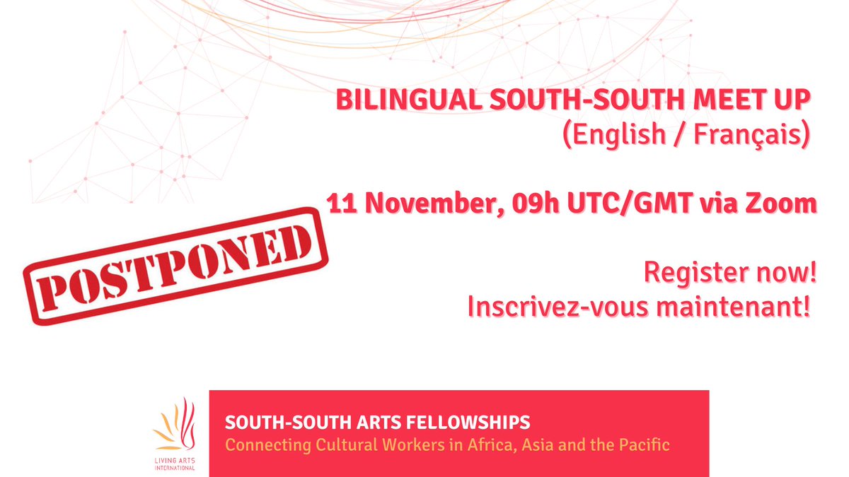 Due to unforeseen circumstances the bilingual South-South Meet-up is postponed. We will be in touch with a revised date. Pour des raisons indépendantes de notre volonté, la session bilingue de réseautage Sud-Sud est reportée. Nous vous communiquerons bientôt une nouvelle date.
