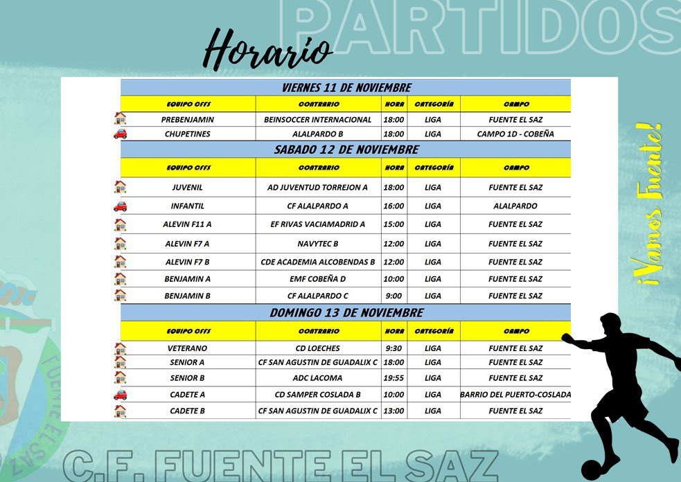 C.F. Fuente El Saz (@cffsaz) on Twitter photo ⏰Horario de los próximos partidos de este finde.
¿𝐓𝐞 𝐥𝐨𝐬 𝐯𝐚𝐬 𝐚 𝐩𝐞𝐫𝐝𝐞𝐫?
¡Vamos Fuente!💪🏼 ⏰Horario de los próximos partidos de este finde.
¿𝐓𝐞 𝐥𝐨𝐬 𝐯𝐚𝐬 𝐚 𝐩𝐞𝐫𝐝𝐞𝐫?
¡Vamos Fuente!💪🏼