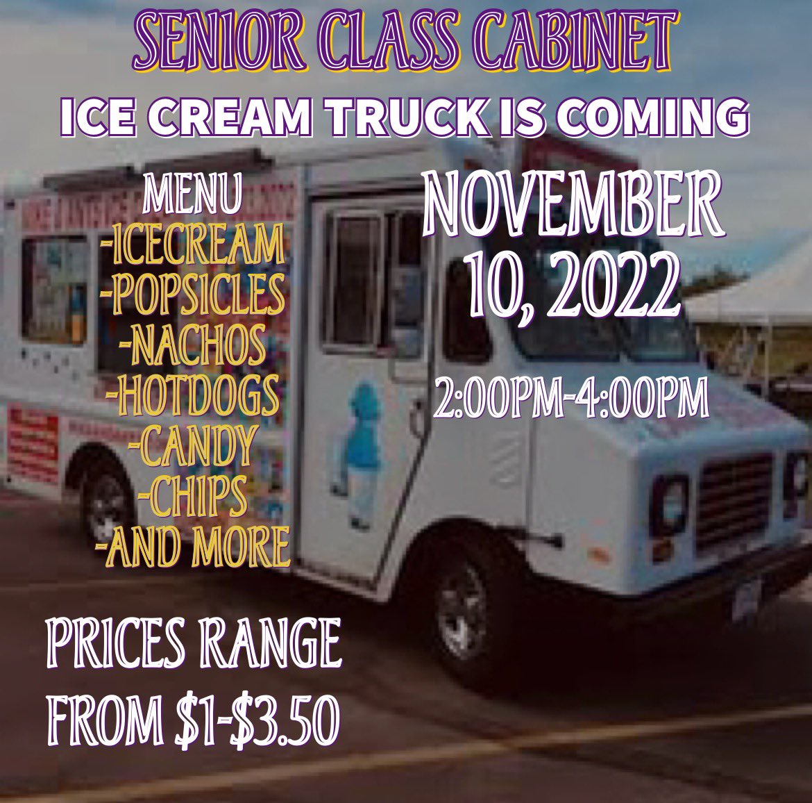 2021Asu's tweet image. ￼

🍥 COME COOL OFF BEFORE THE BREAK 🍨
From 2-4 Port Gibson’s Ice cream truck will be on campus serving goodies! Proceeds will be donated to the senior class cabinet!