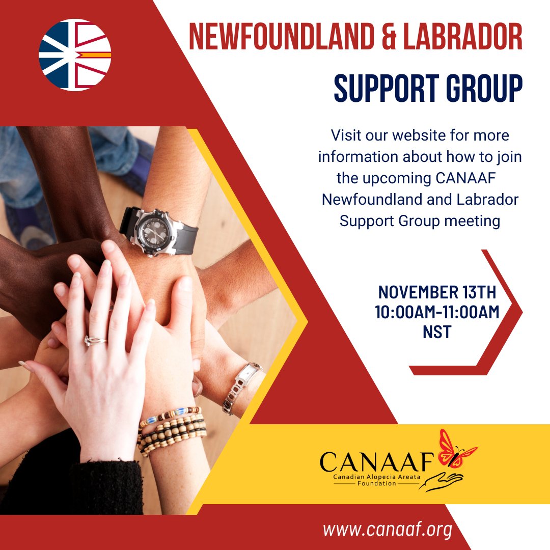 CANAAF's tweet image. Looking for a safe and friendly space to share your experience with Alopecia? The CANAAF Newfoundland and Labrador support group meeting will be on November 13th from 10am-11am NST on zoom.
For more information check out our link at canaaf.org/support-groups/.