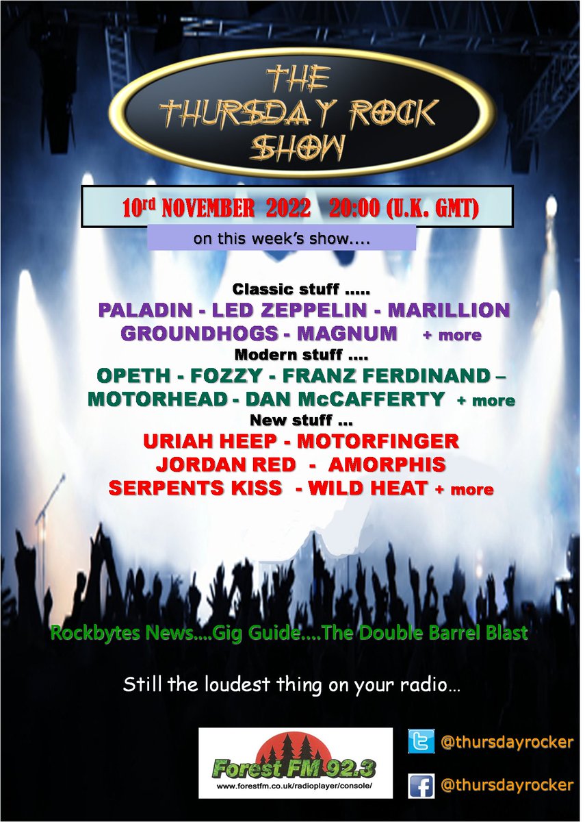 stream forestfm.co.uk/radioplayer/co… + @motorfingerband @ledzeppelin @MarillionOnline @Magnumonline_ @Franz_Ferdinand @OfficialOpeth @myMotorhead @NazarethBand @FOZZYROCK @uriah_heep @amorphis @JordanRedBand @wildheatband @SerpentsWilliam + more