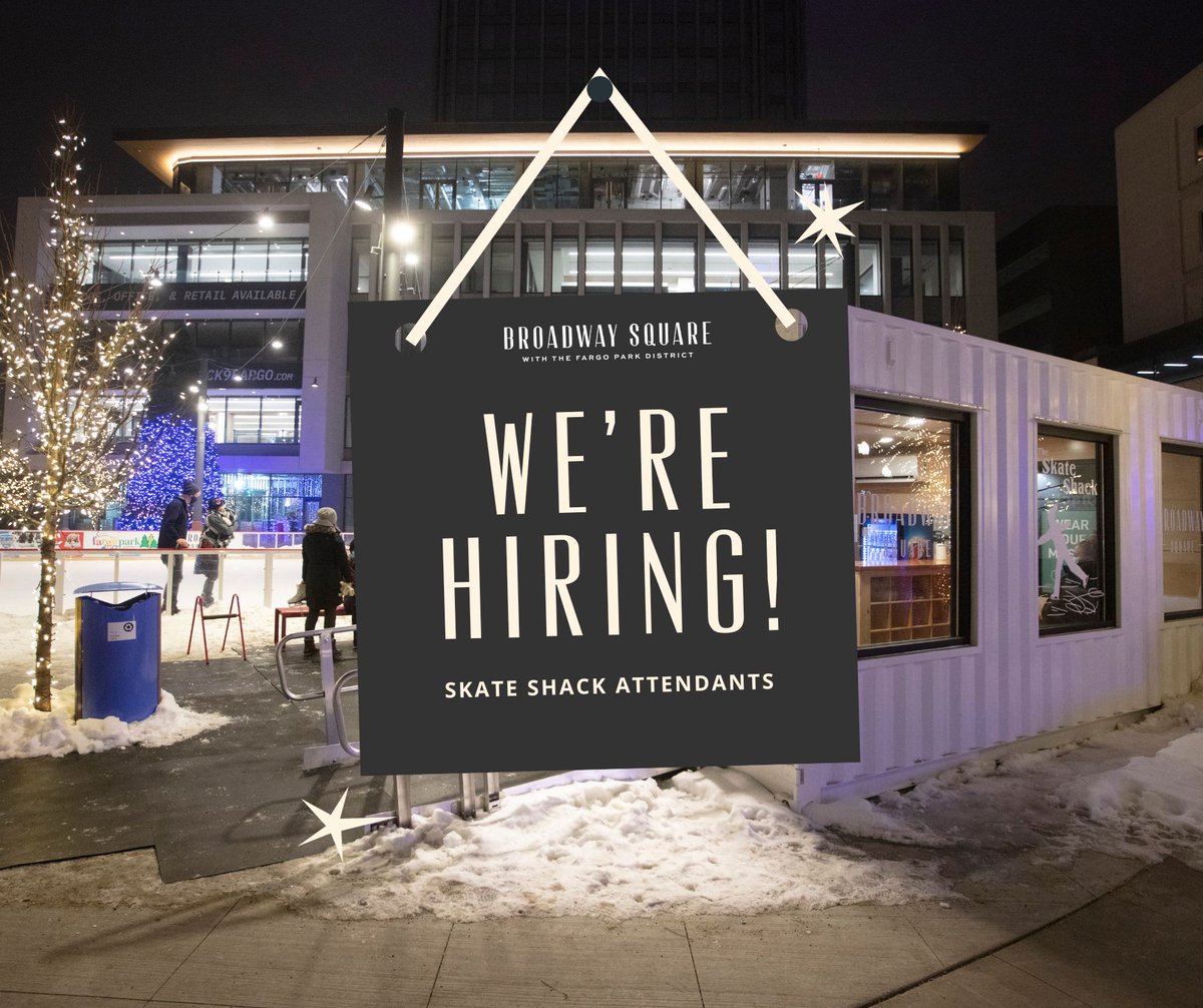 Fargo Broadway Square (@fargobdwysquare) on Twitter photo Looking for a cozy part-time position in Downtown Fargo? Apply to be a Skate Shack Attendant at Broadway Square! 
Want more details? Check out our website and apply today: bit.ly/3G0C8bf
#FargoBroadwaySquare #DowntownFargo #NowHiring Looking for a cozy part-time position in Downtown Fargo? Apply to be a Skate Shack Attendant at Broadway Square! 
Want more details? Check out our website and apply today: bit.ly/3G0C8bf
#FargoBroadwaySquare #DowntownFargo #NowHiring
