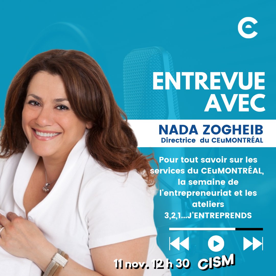 [On air]
Notre Directrice, <a href="/nzogheib/">nada zogheib</a>, sera au mirco de <a href="/CISM893/">SoSoValeuev</a> demain midi dans l'émission de <a href="/quartierlibre/">Quartier Libre</a> pour vous parler :
✔️des services du <a href="/CEuMONTREAL/">CEuMONTREAL</a> 
✔️de la semaine de l'entrepreneuriat 
✔️de la reprise des ateliers 3,2,1... j'entreprends
🎙Branchez-vous vers 12 h 20!