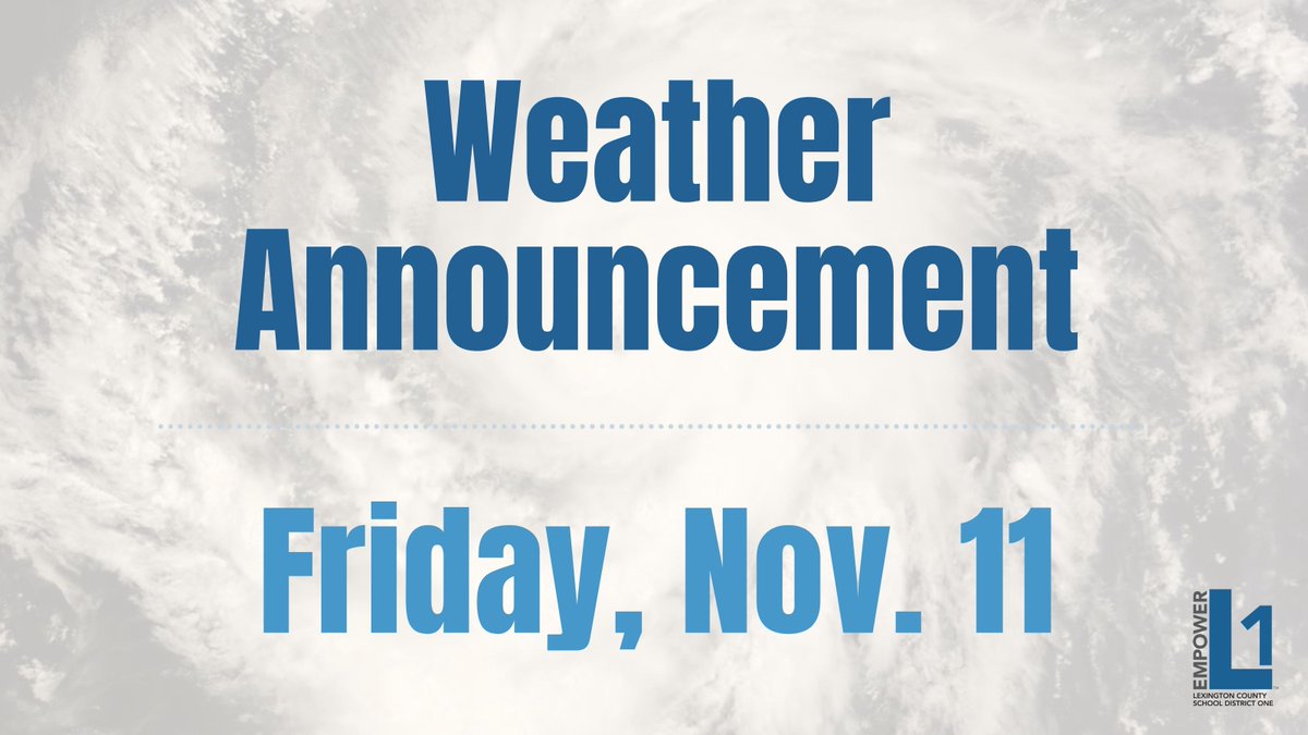 All Lexington District One schools will shift to e-learning on Friday, Nov. 11, as possible severe weather is predicted in our area. School buildings and offices will will be closed, with teachers assigning virtual instruction and/or take-home lessons. bit.ly/3fOt1zS